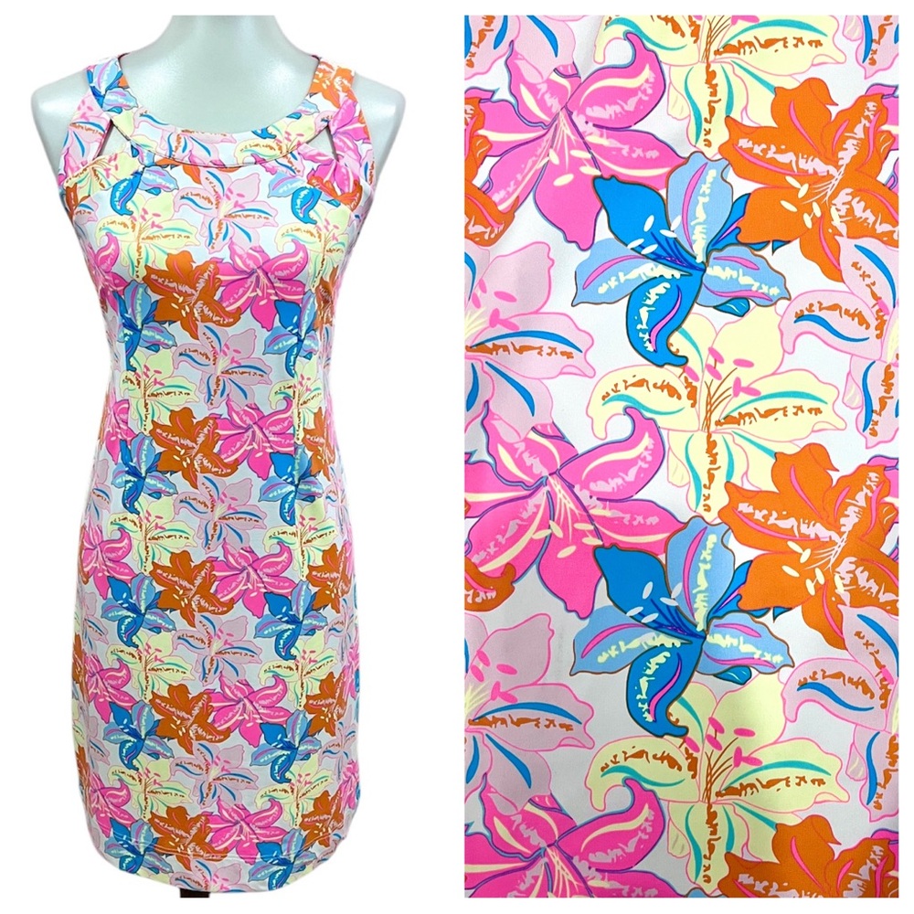 Lulu-B Tropical Floral Sheath Dress in Pink, Blue & Orange
